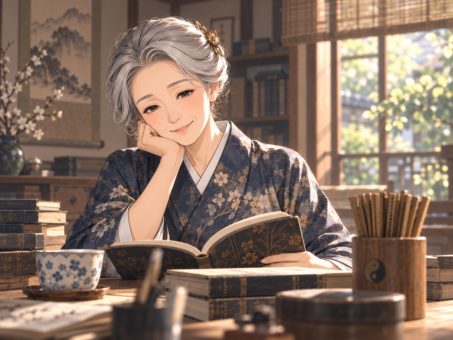 本を開きながら穏やかに読者を迎える、現在の神龍易子
