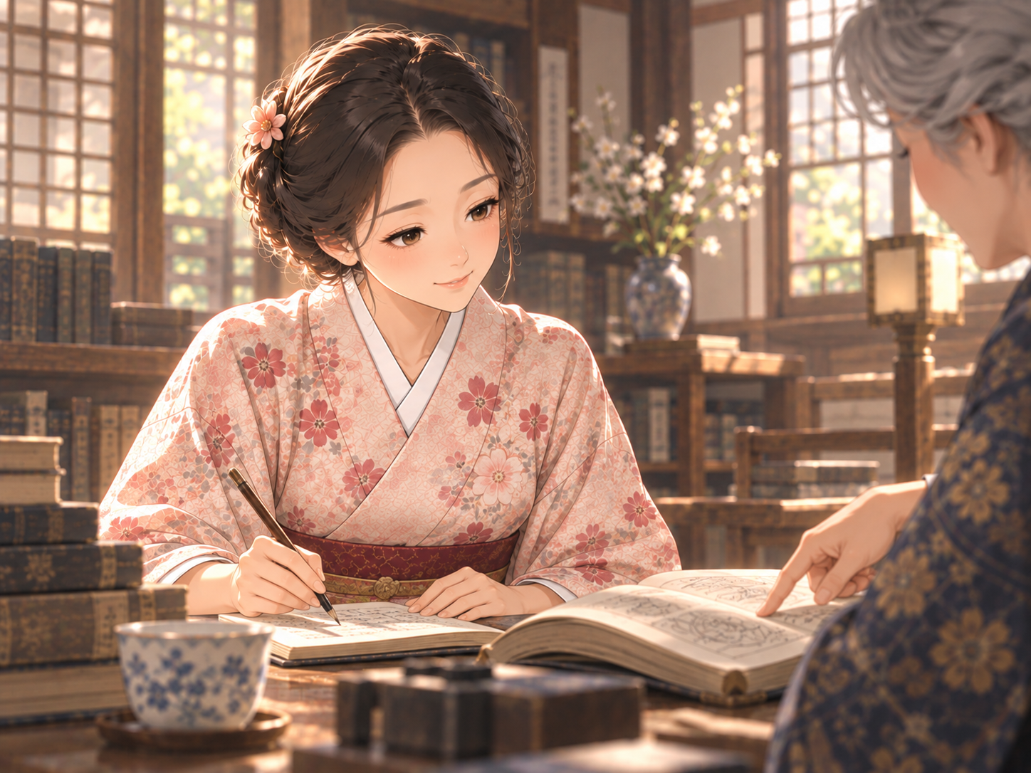 若い神龍易子が、師とともに易の読みを学ぶ場面