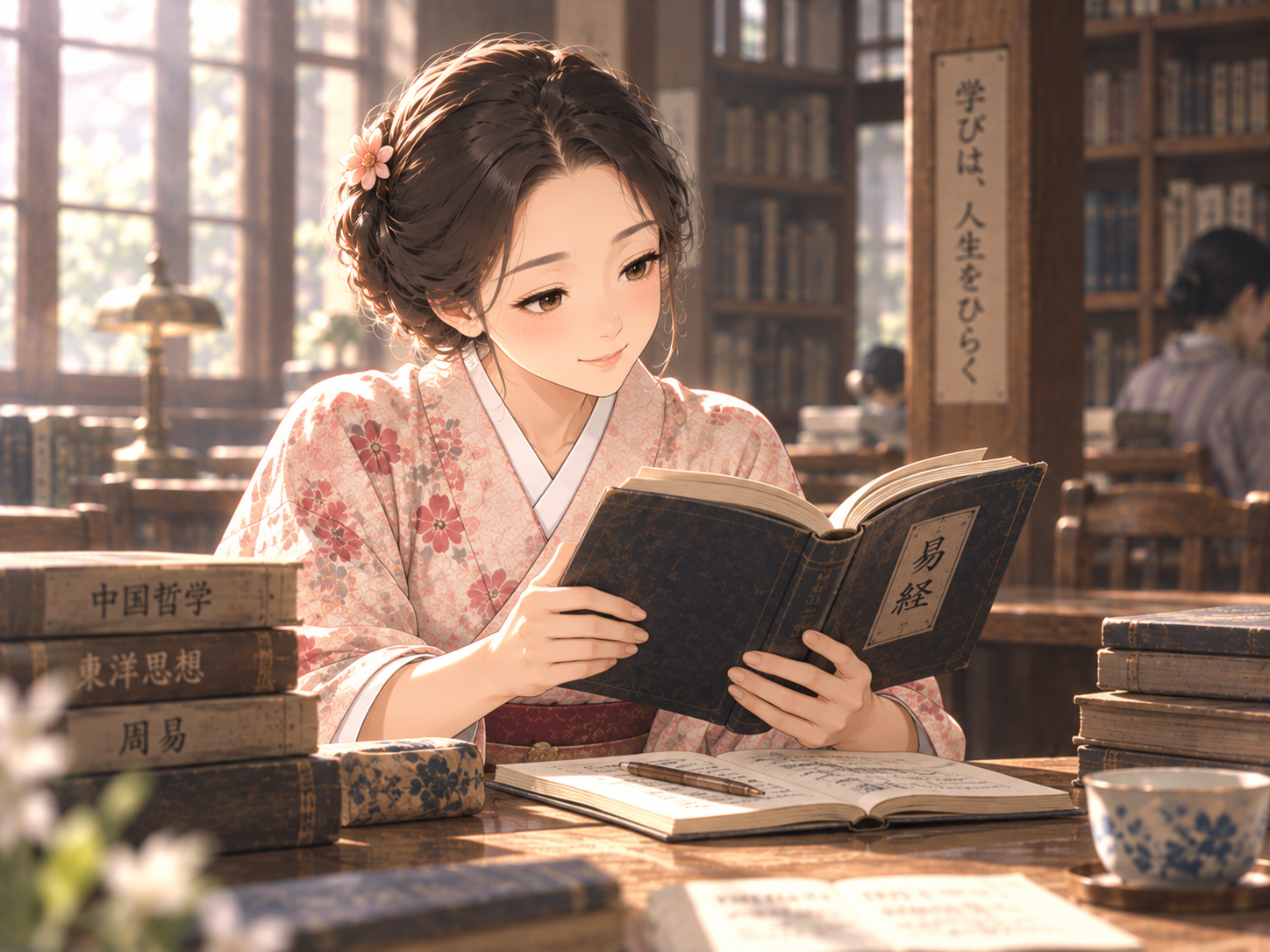 大学時代の図書館で『易経』を読む若い神龍易子