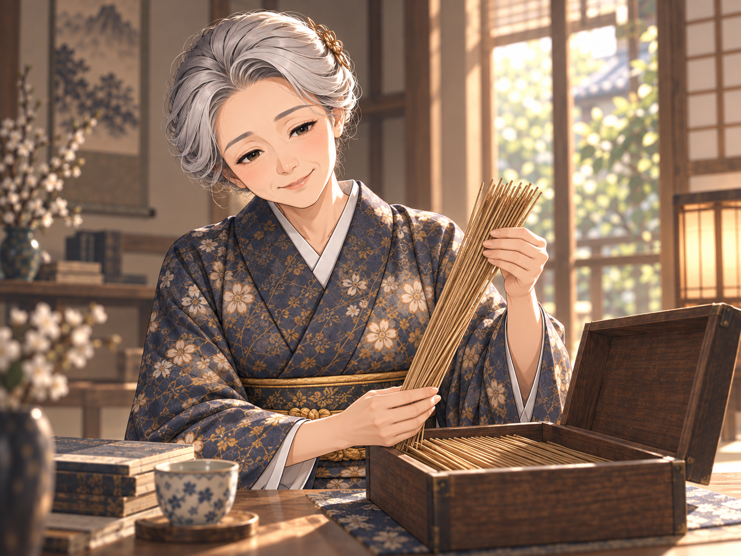 若い頃から大切にしている筮竹を手に取る、現在の神龍易子